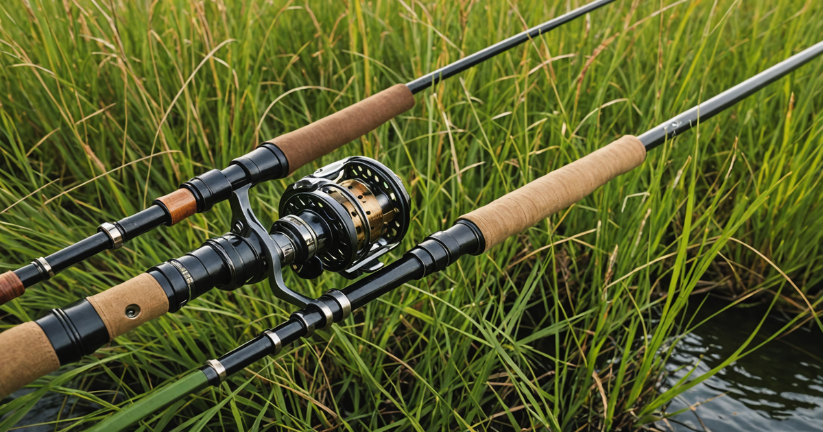 A close-up of a fly fishing rod and reel resting on the bank of the Kenai River, with a variety of colourful flies laid out.