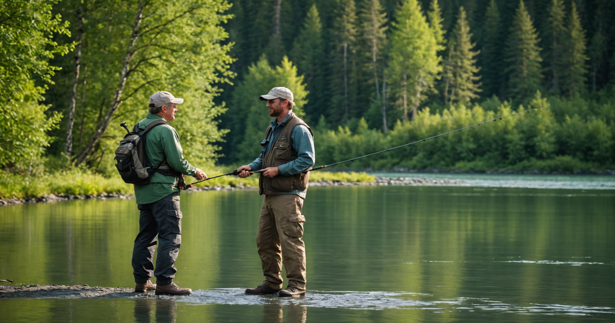 A professional guide assisting a client with king salmon fishing on the Kenai River.