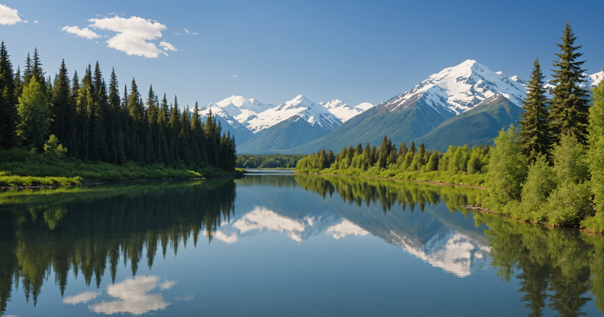 Scenic view of the Kenai River with snow-capped mountains in the background.