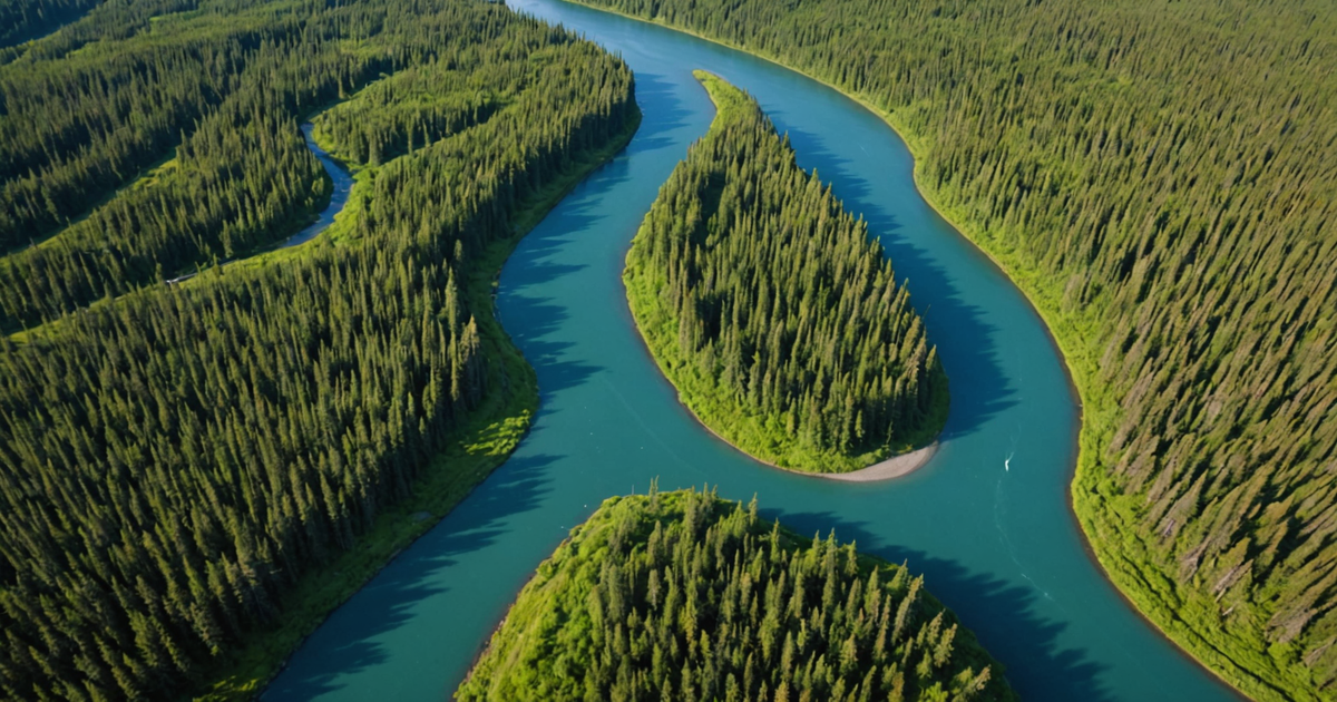Aerial view of the Kenai River with visible salmon schools