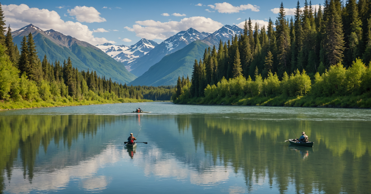 Anglers fishing in the Kenai River with a backdrop of scenic Alaskan wilderness.