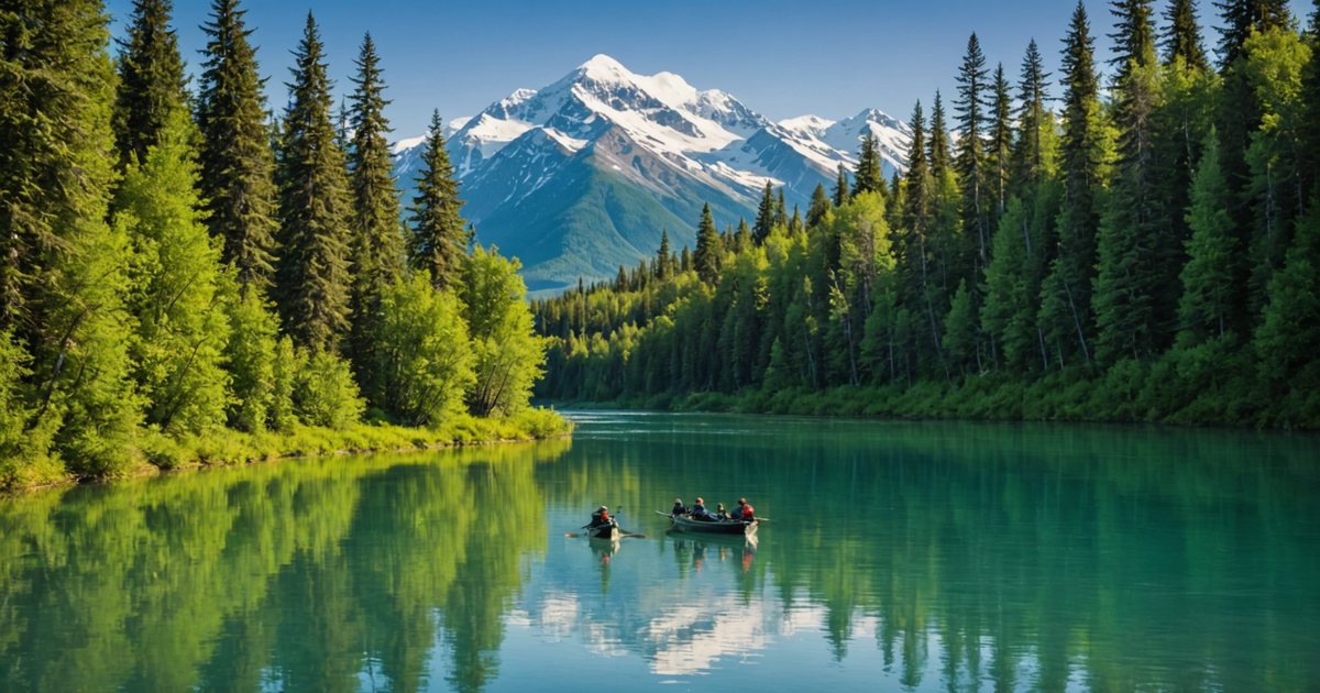 A vibrant image of the Kenai River bustling with anglers during the peak salmon run.