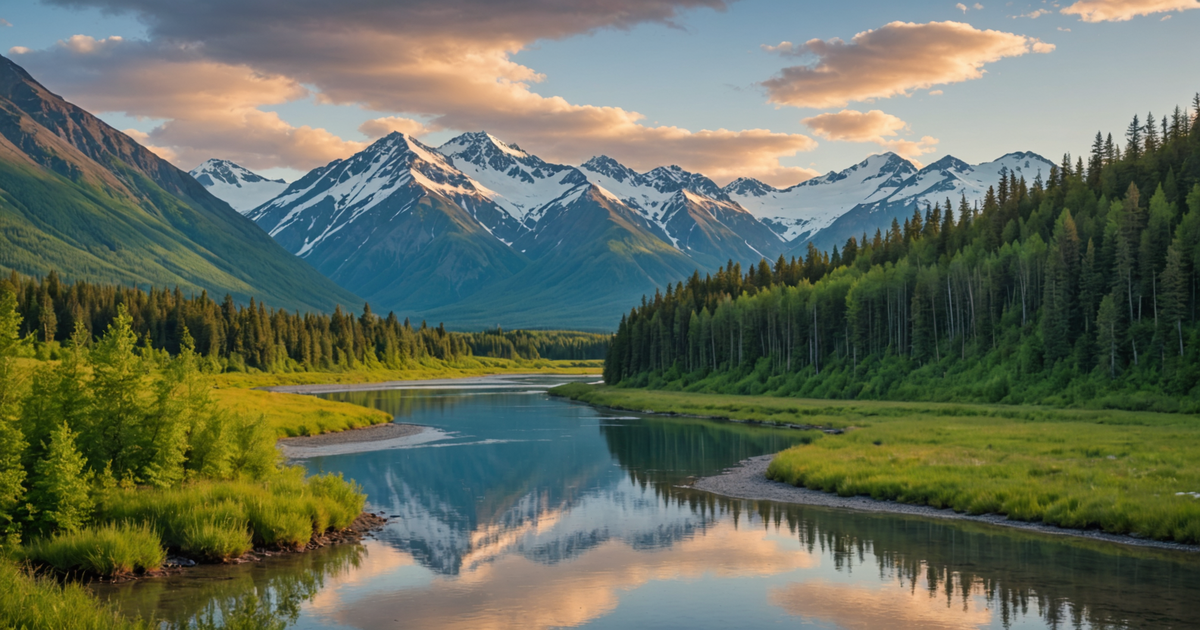 Scenic view of the Kenai Peninsula with mountains and river.