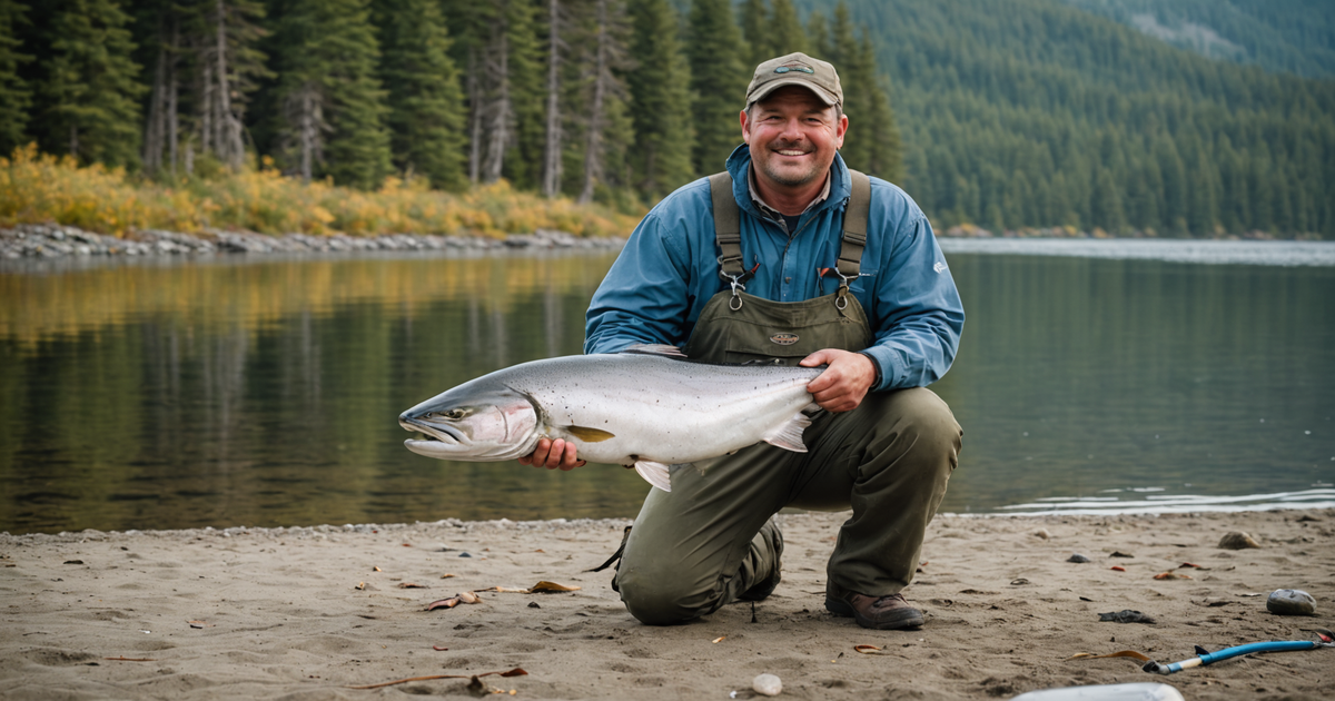 An angler with a king salmon and necessary fishing gear