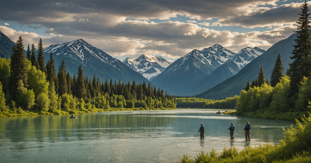 Majestic view of the Kenai River with anglers fishing for king salmon.