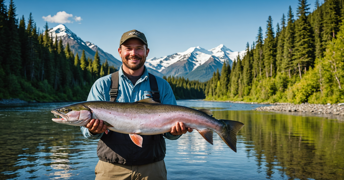 An angler proudly displaying a freshly caught King Salmon in the Alaskan wilderness