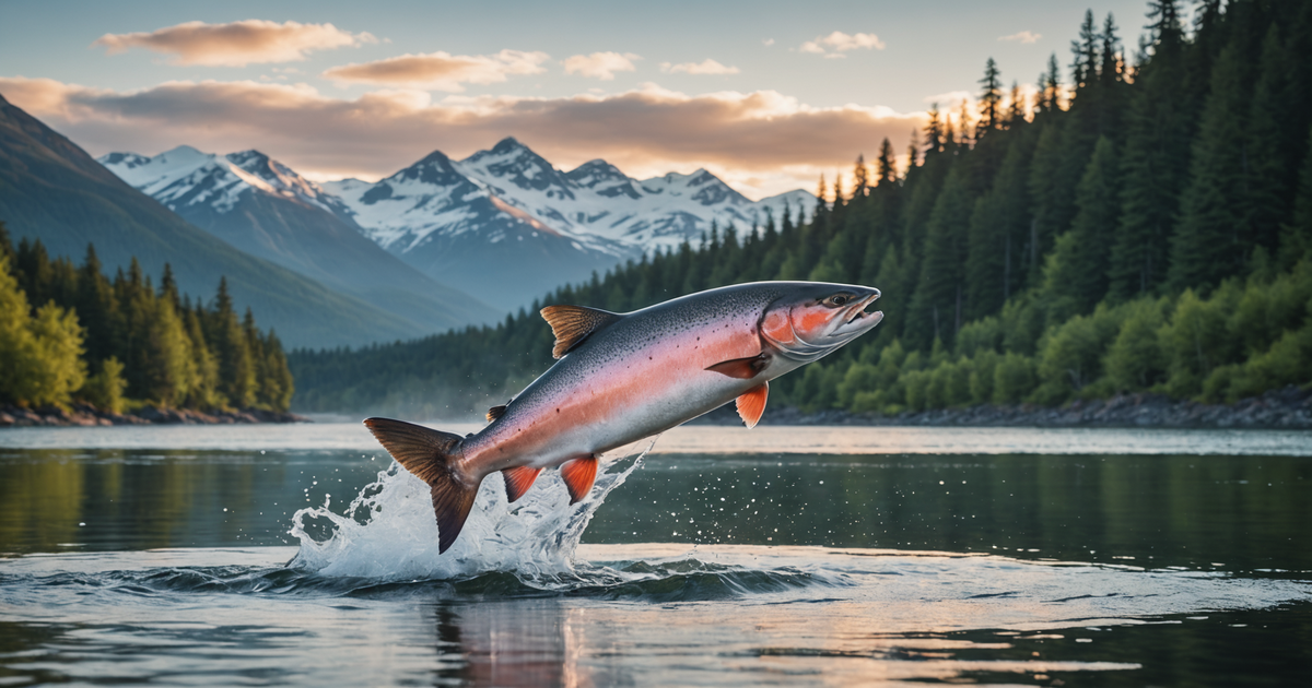 A stunning Coho salmon leaping out of the water against an Alaskan backdrop