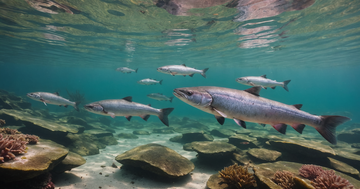 A group of Chum salmon in their natural habitat, showcasing their vibrant spawning colours