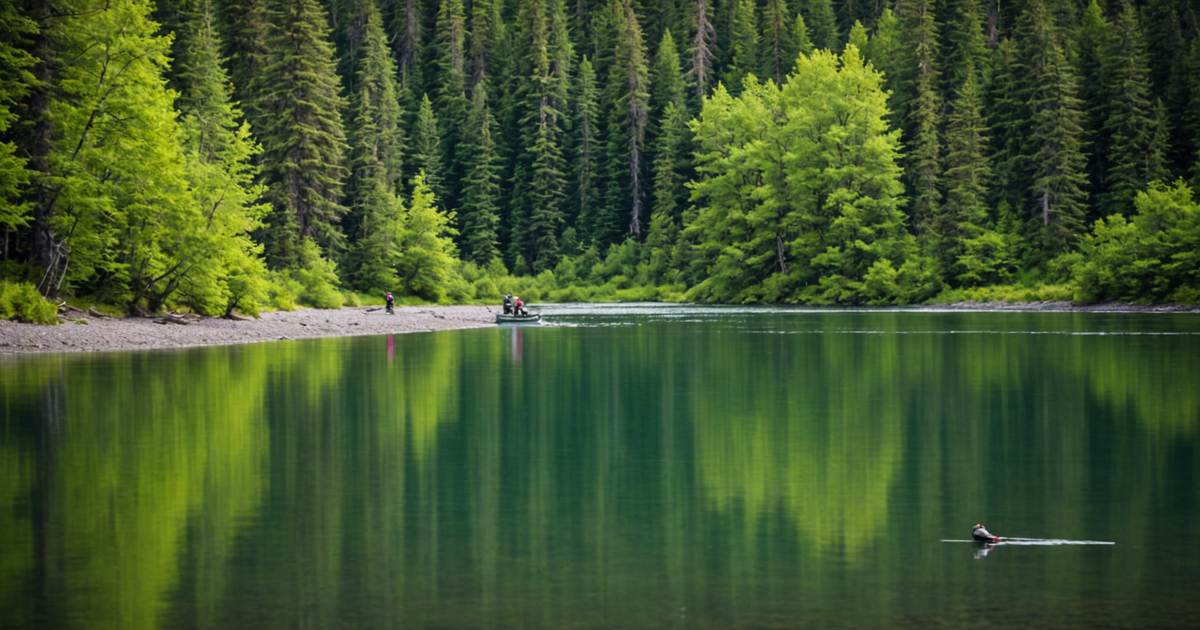 A scenic view of an Alaskan river with anglers catching pink humpy salmon