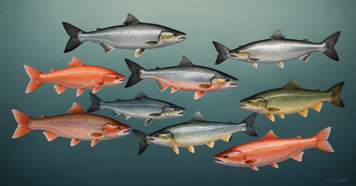 Illustration comparing the sizes of different salmon species commonly found in Alaska.
