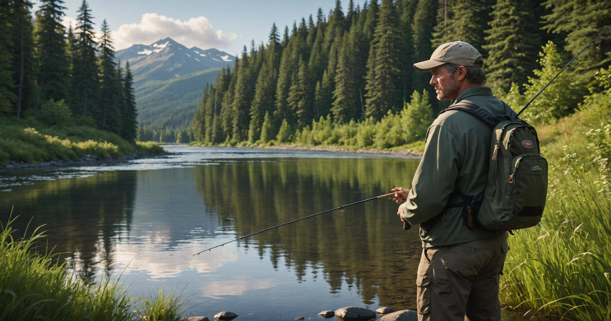 Angler with fishing gear suitable for pink salmon, set against an Alaskan river backdrop.
