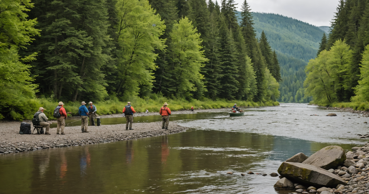 A group of anglers on a guided fishing tour during the red salmon run.