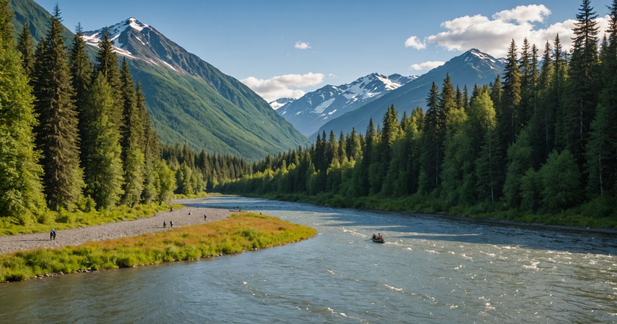 A scenic view of a popular Alaskan river, bustling with anglers during the red salmon season.