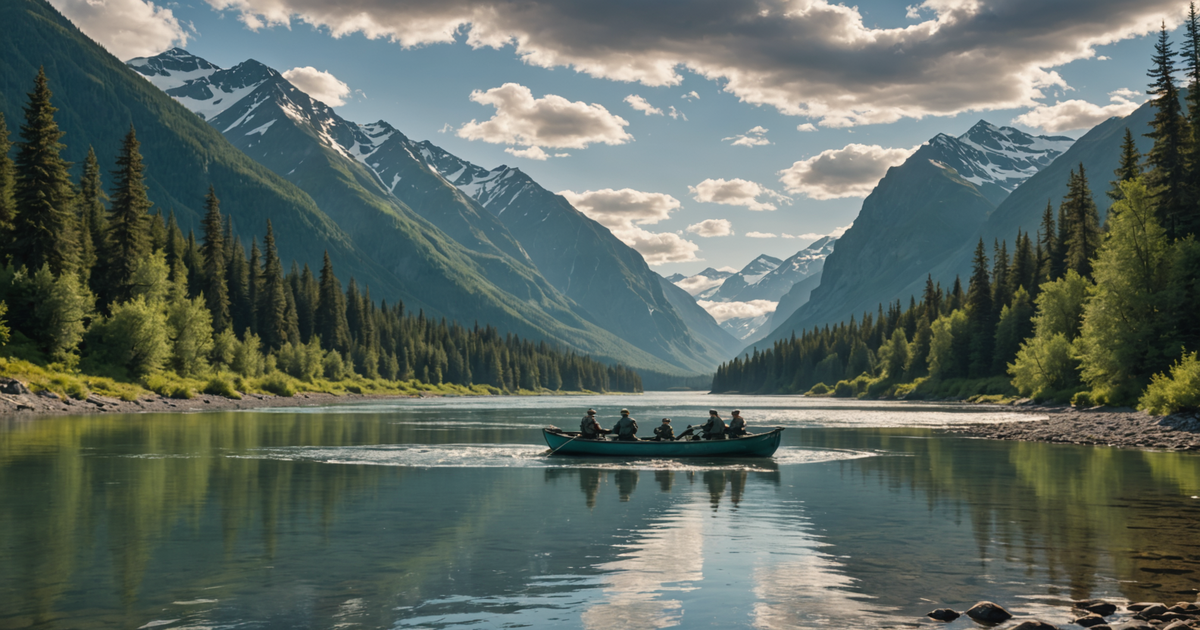 A group of anglers safely navigating an Alaskan river in search of red salmon.