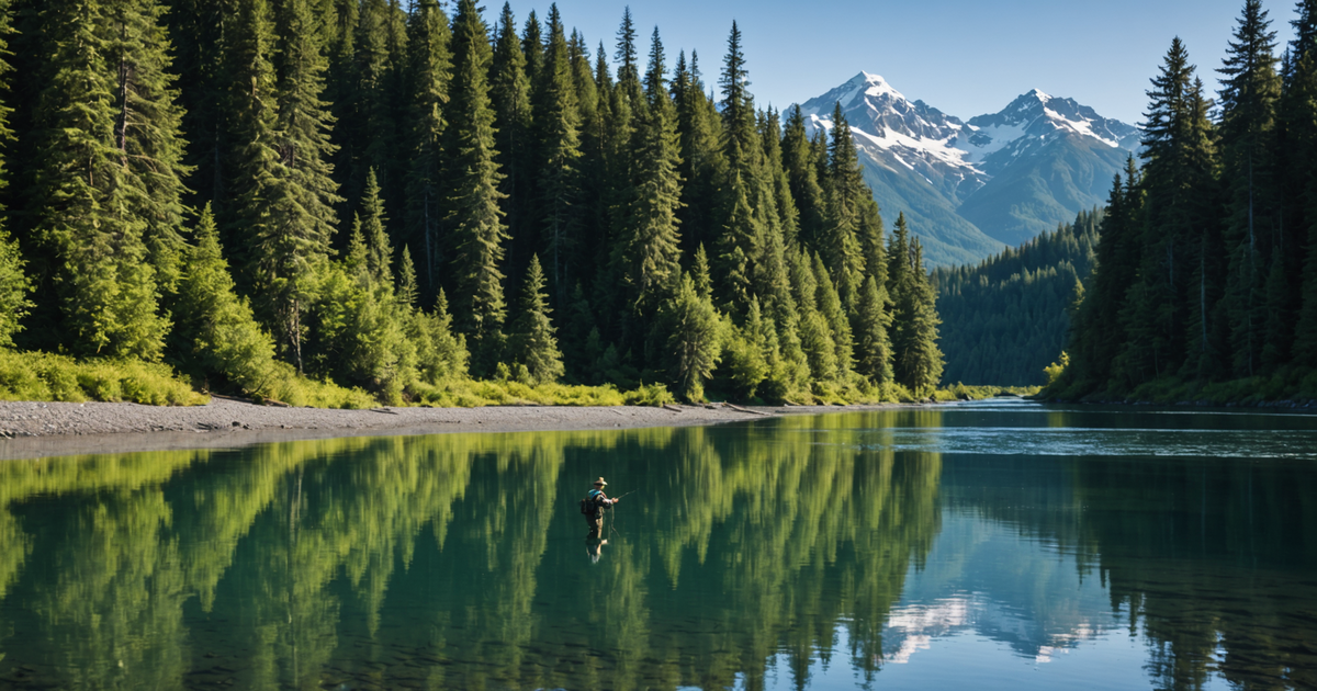 Salmon fishing enthusiast on the Russian River, Alaska, with a picturesque backdrop.