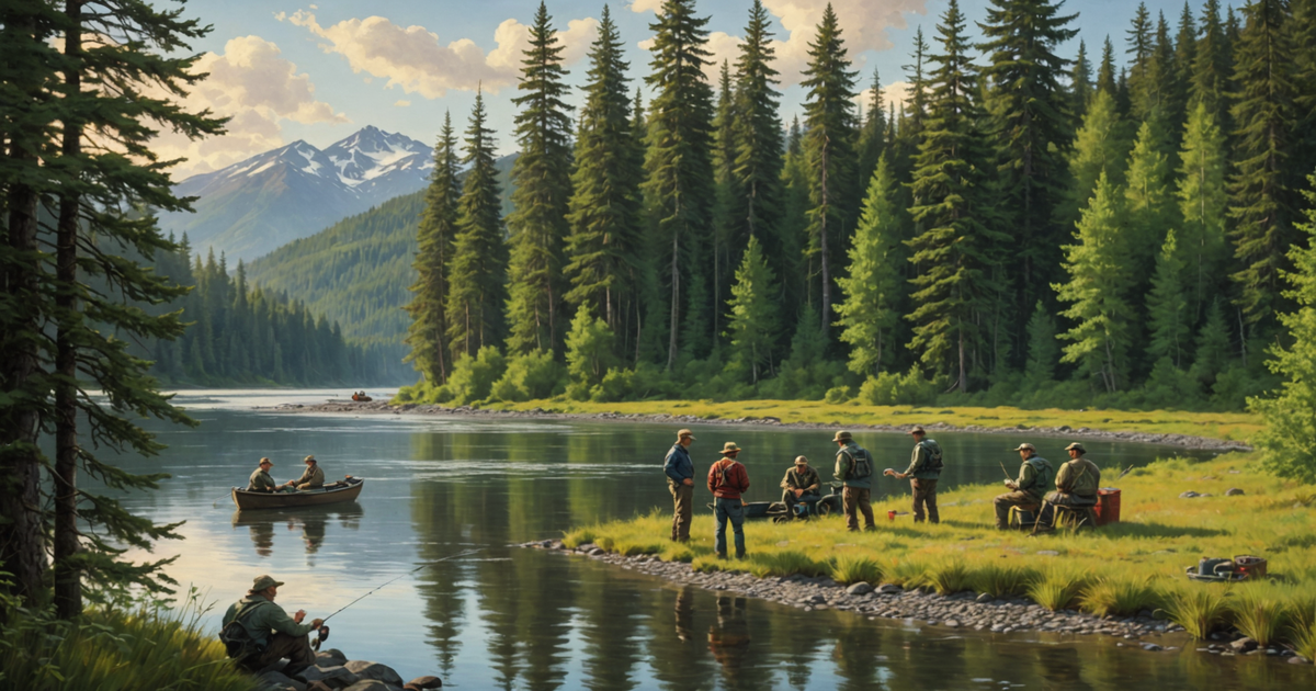 A group of anglers preparing for a day of fishing on the Russian River, surrounded by lush Alaskan wilderness.