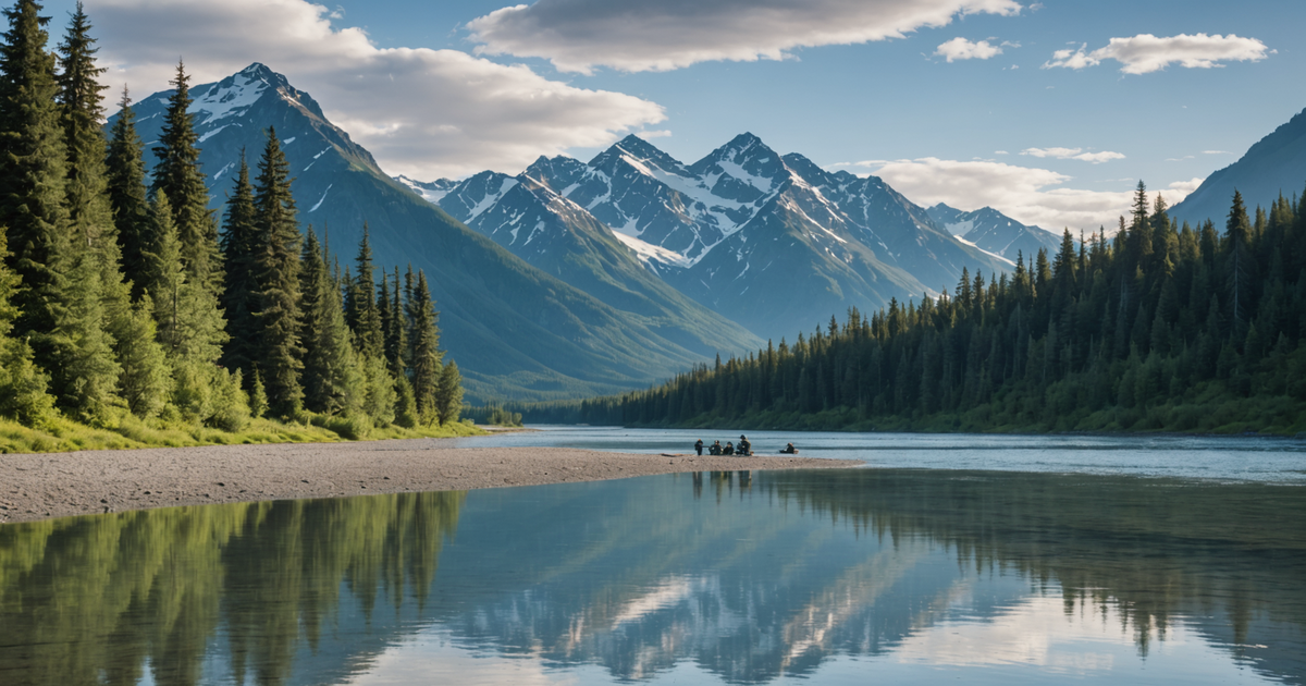 Majestic Alaskan landscape with anglers casting lines in the water