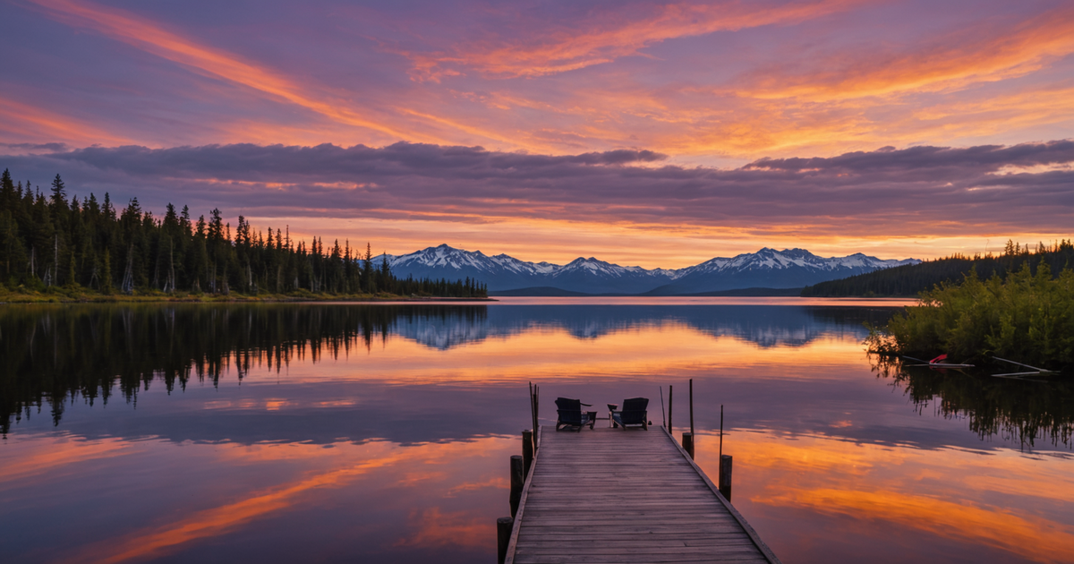 A vibrant Alaskan sunset over a serene fishing spot