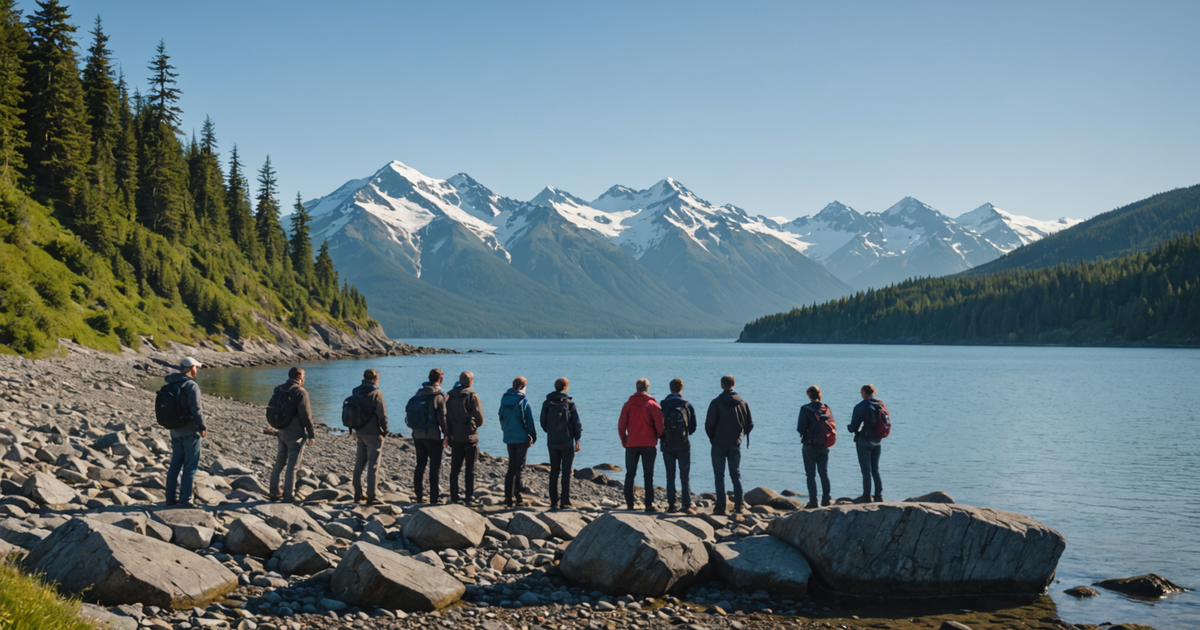 A group of tourists on a guided tour observing salmon sharks in the distance, with the Alaskan landscape as a backdrop.