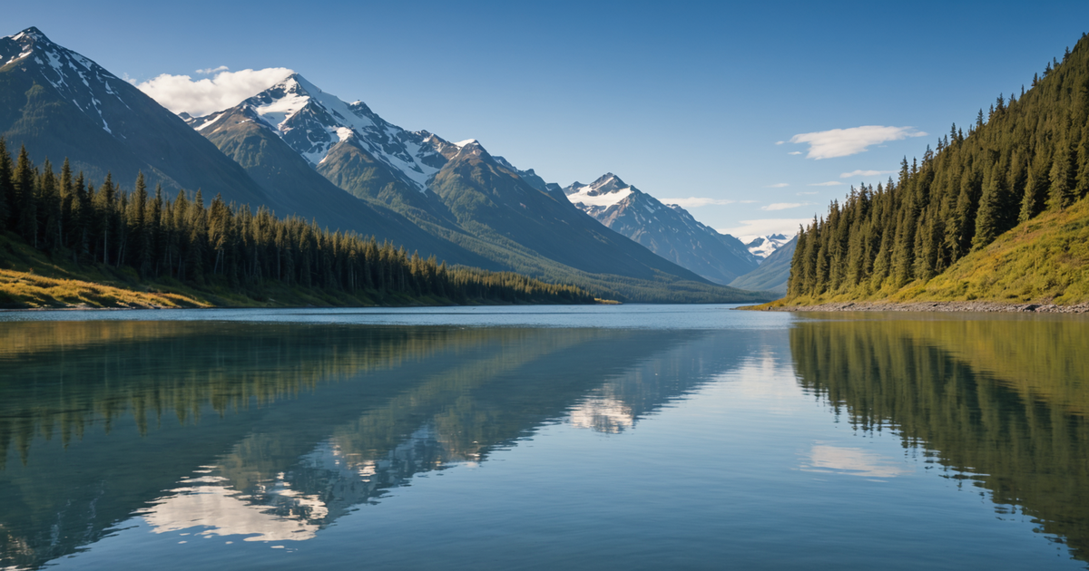 A scenic view of Alaskan waters with salmon jumping