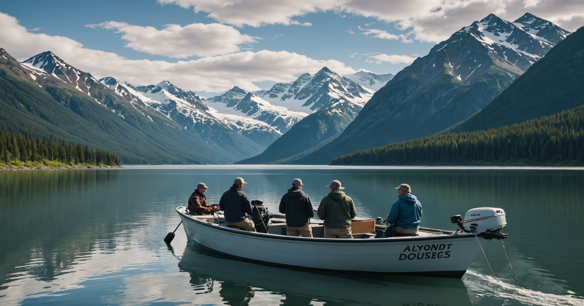 Anglers on a fishing charter boat with scenic Alaskan backdrop