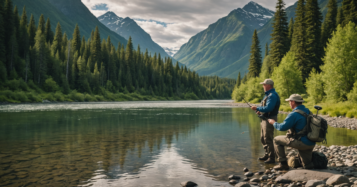 A guide assisting an angler in casting a line in a scenic Alaskan river.