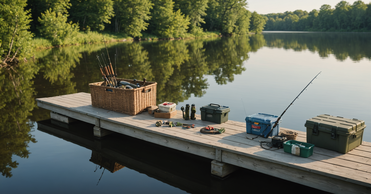 Essential fishing gear laid out on a wooden dock by a river.