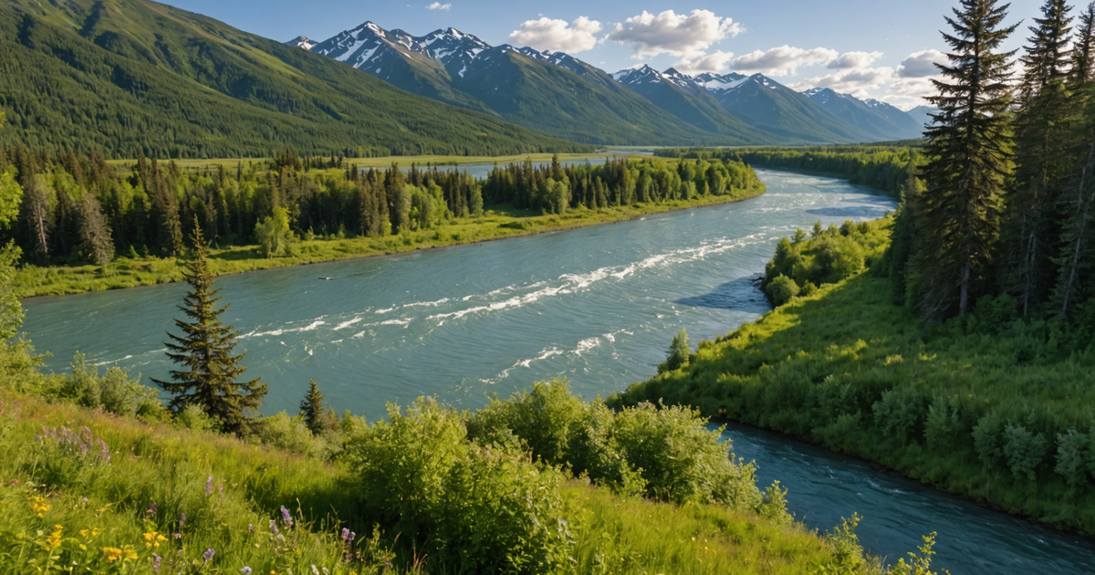 A picturesque view of the Kenai River, teeming with salmon during peak season.