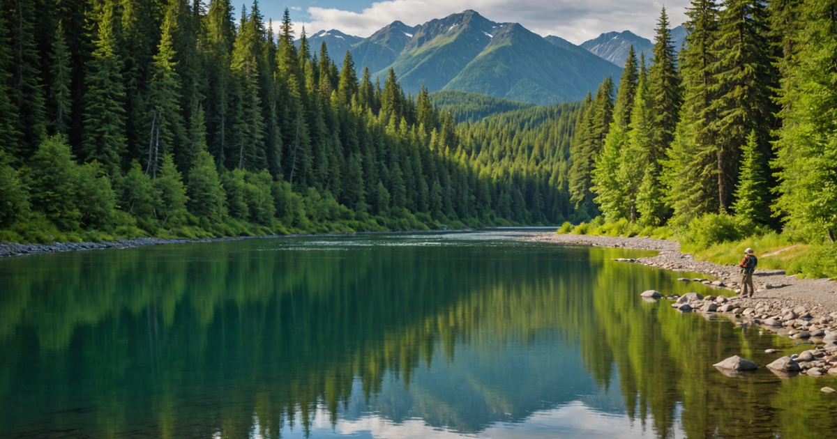 Pristine Alaskan river with anglers fishing for salmon