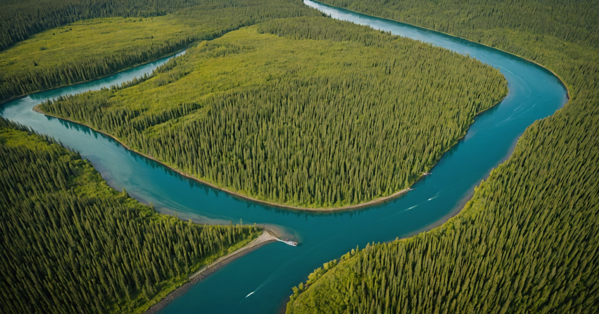 Aerial view of the Kenai River teeming with salmon