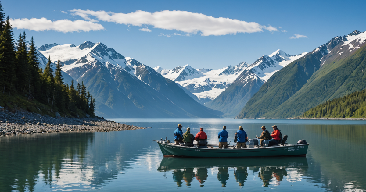 A group of anglers on a fishing charter in Seward, Alaska, with the scenic mountains in the background.