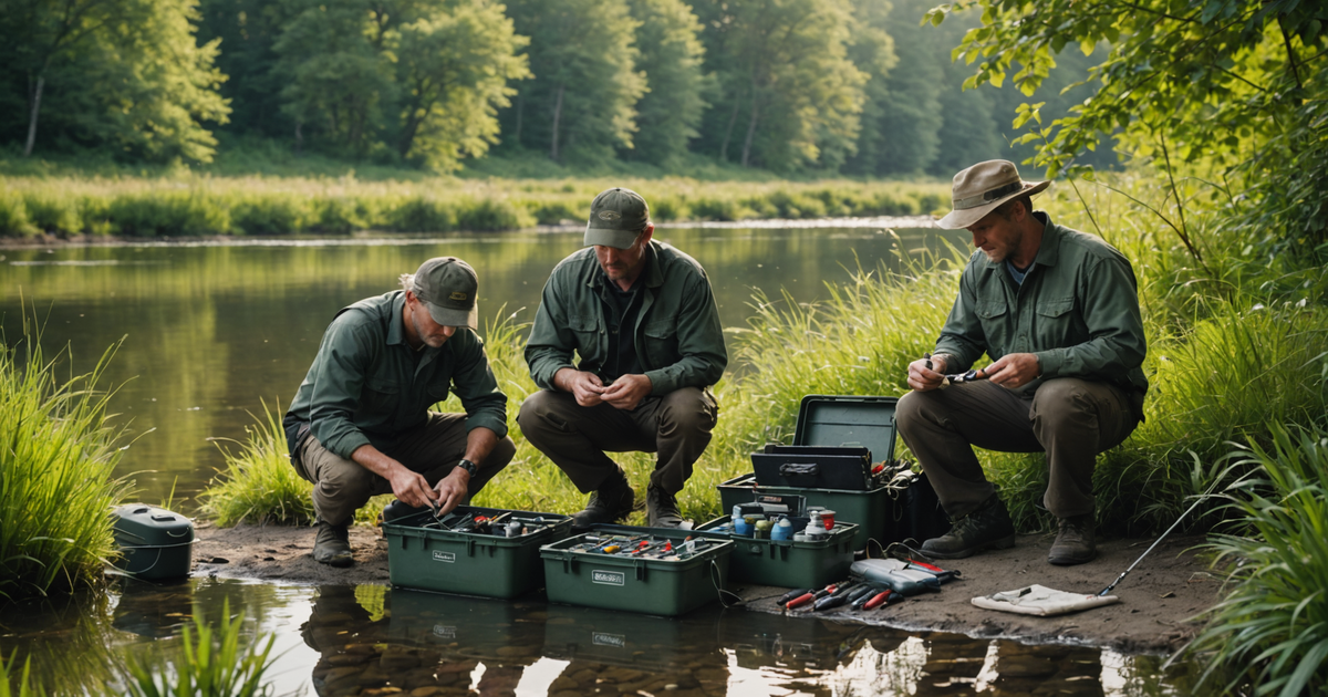 Anglers preparing their fishing gear on the riverbank