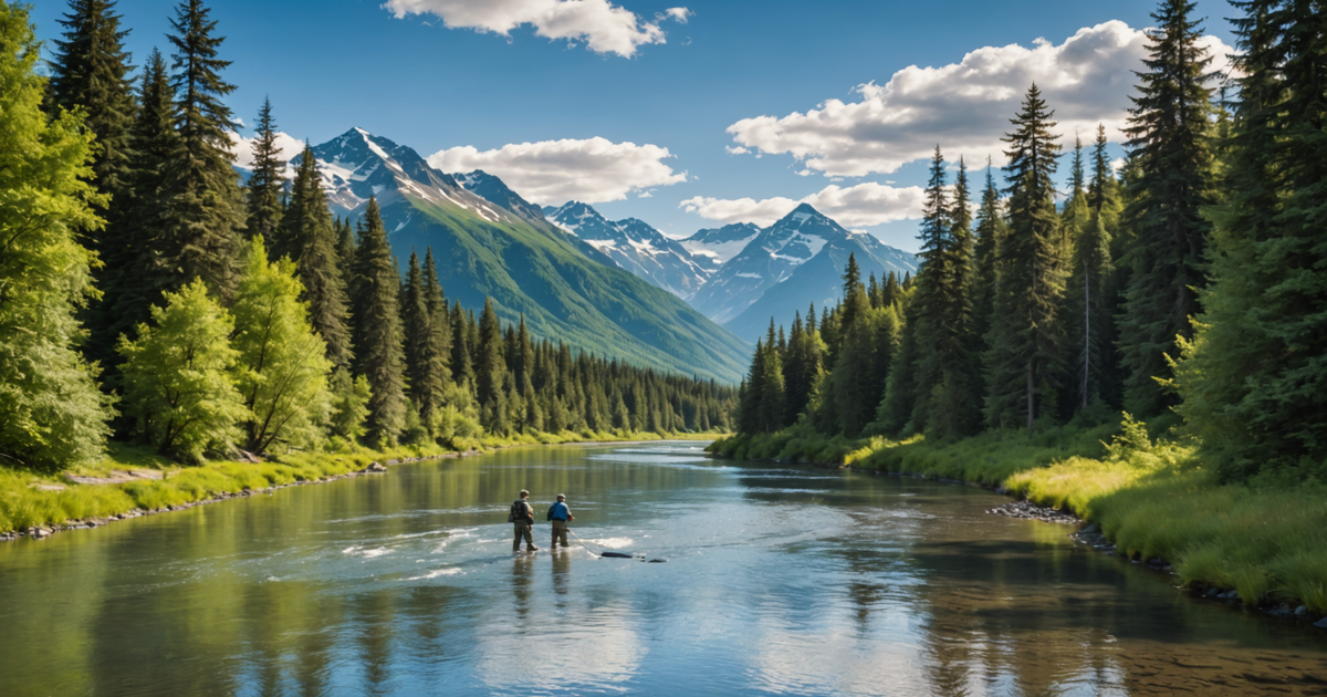 Scenic view of Alaskan river with anglers fishing for salmon