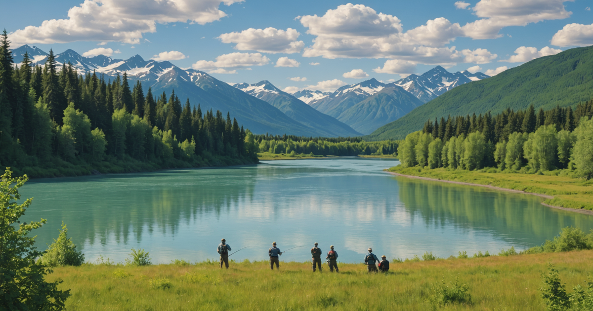 Scenic view of the Kenai River with anglers fishing for king salmon