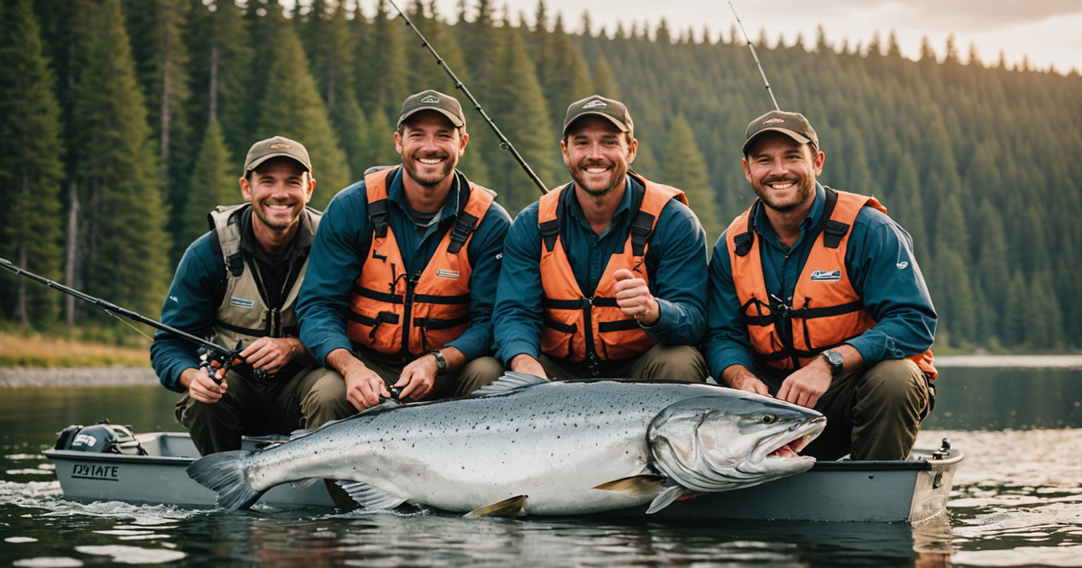 A group of anglers with a guide on a boat, holding a freshly caught king salmon