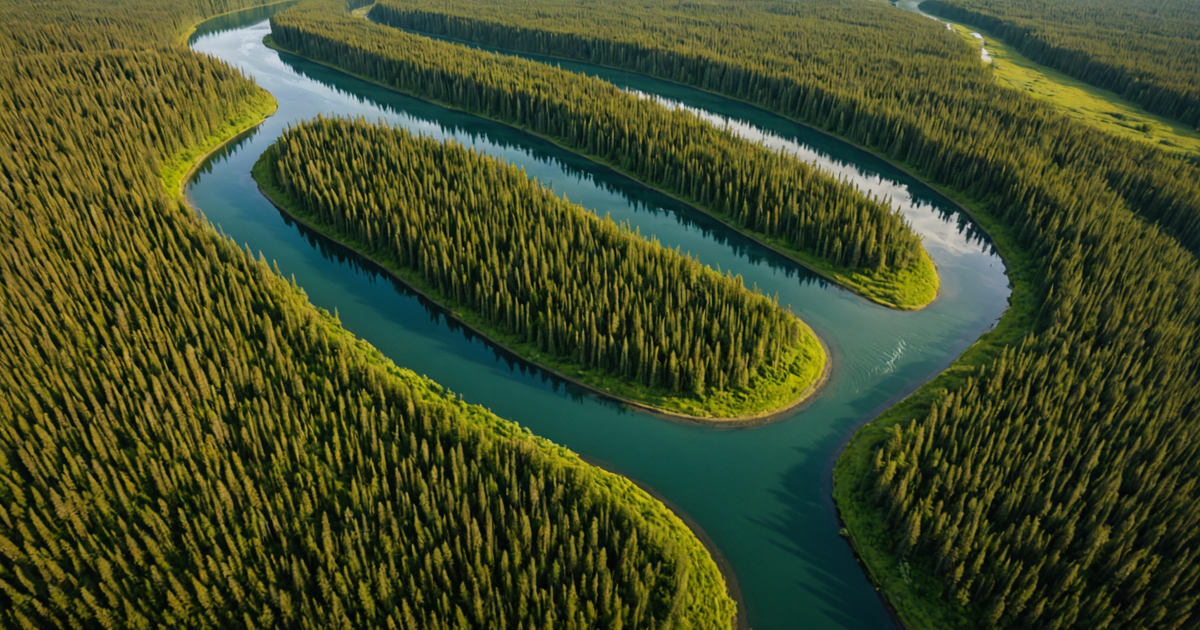 Aerial view of the Kenai River winding through lush Alaskan wilderness, showcasing its vastness and beauty.