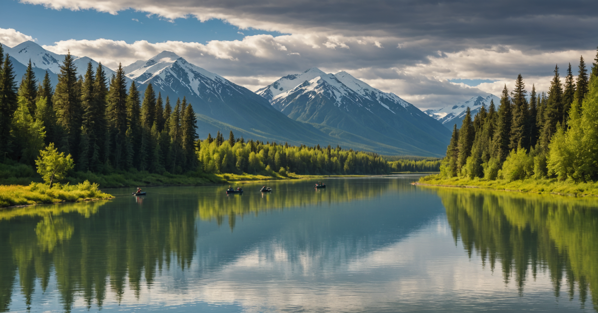 Anglers casting lines in the Kenai River, surrounded by stunning Alaskan landscapes, illustrating the serene experience of fishing.