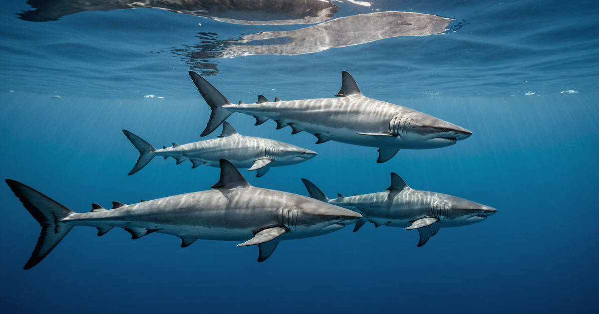 A group of salmon sharks near the surface of the ocean