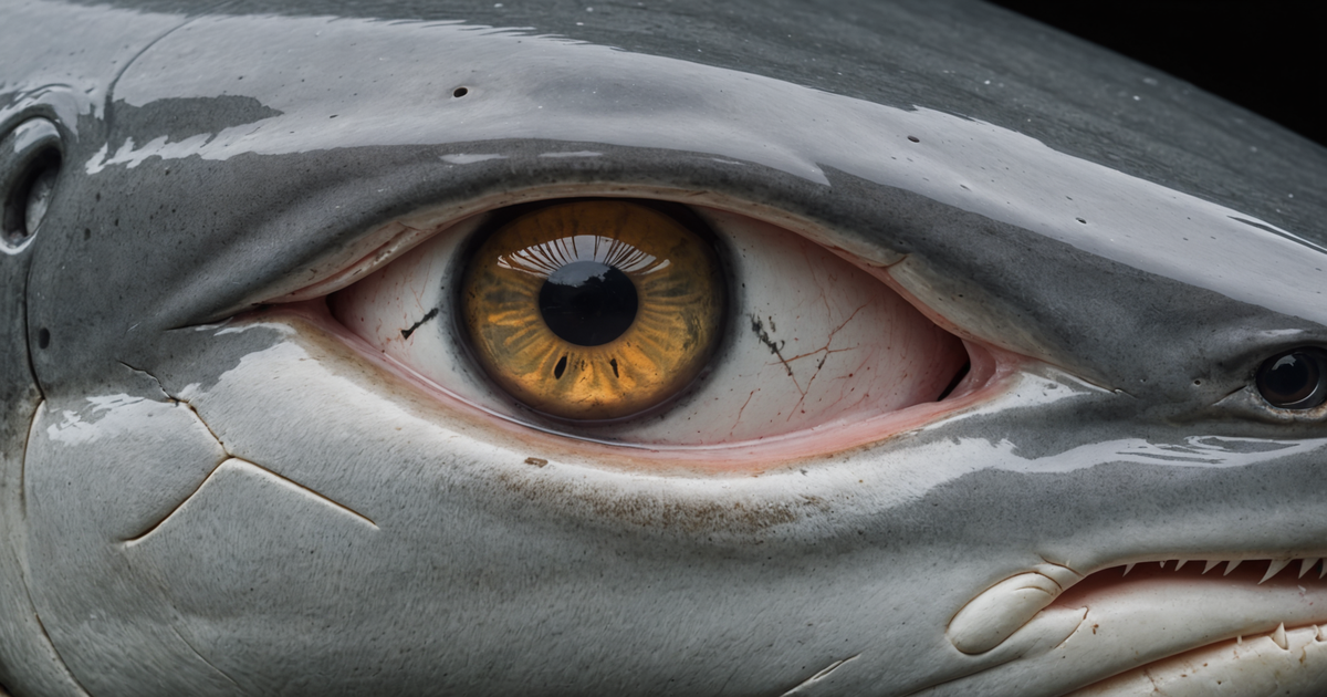 A close-up of a salmon shark's eye, capturing the intensity and intelligence of this apex predator.