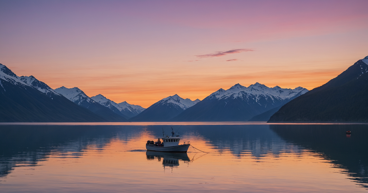 A guided fishing boat on the waters of Seward during sunrise