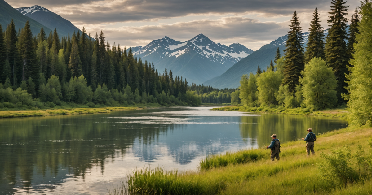 A scenic view of an Alaskan river with anglers fishing for silver salmon.