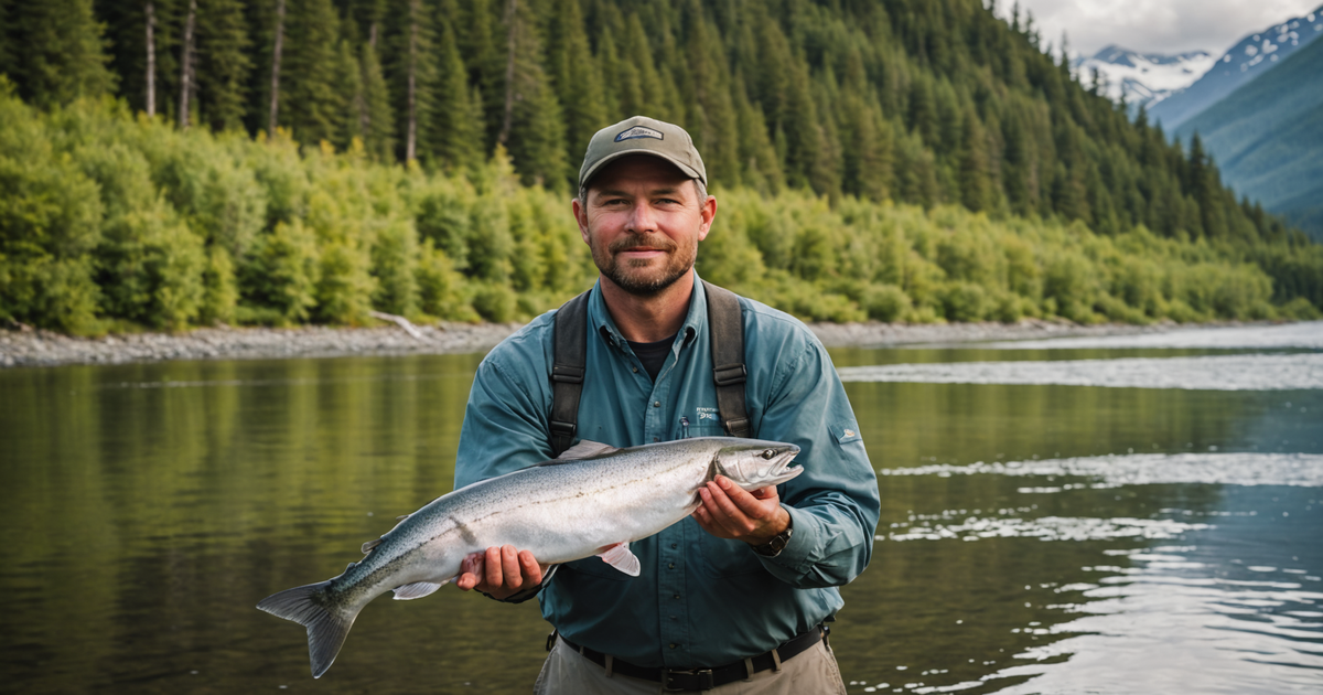 An angler proudly holding a freshly caught silver salmon against the backdrop of an Alaskan river.