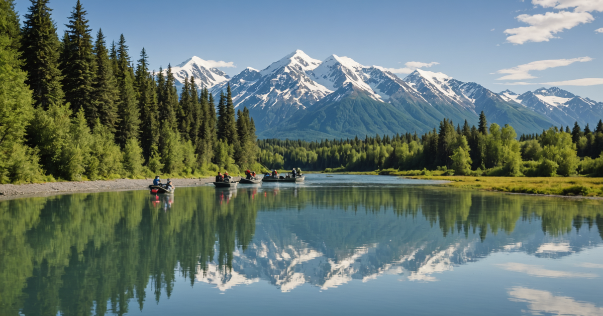 A scene of a guided fishing tour on the Kenai River, with enthusiastic anglers casting their lines.