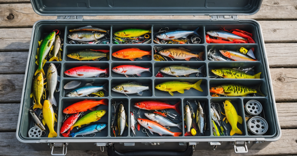 Close-up of a fishing tackle box filled with a variety of lures and jigs, ready for silver salmon fishing.