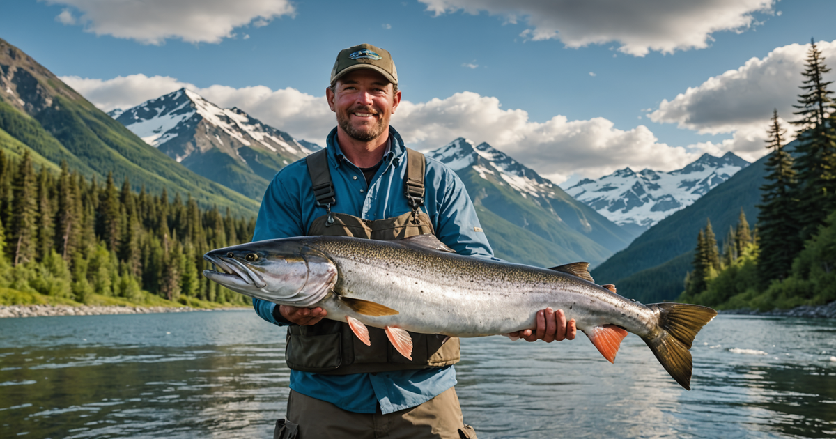 An angler holding a king salmon against a backdrop of Alaskan scenery
