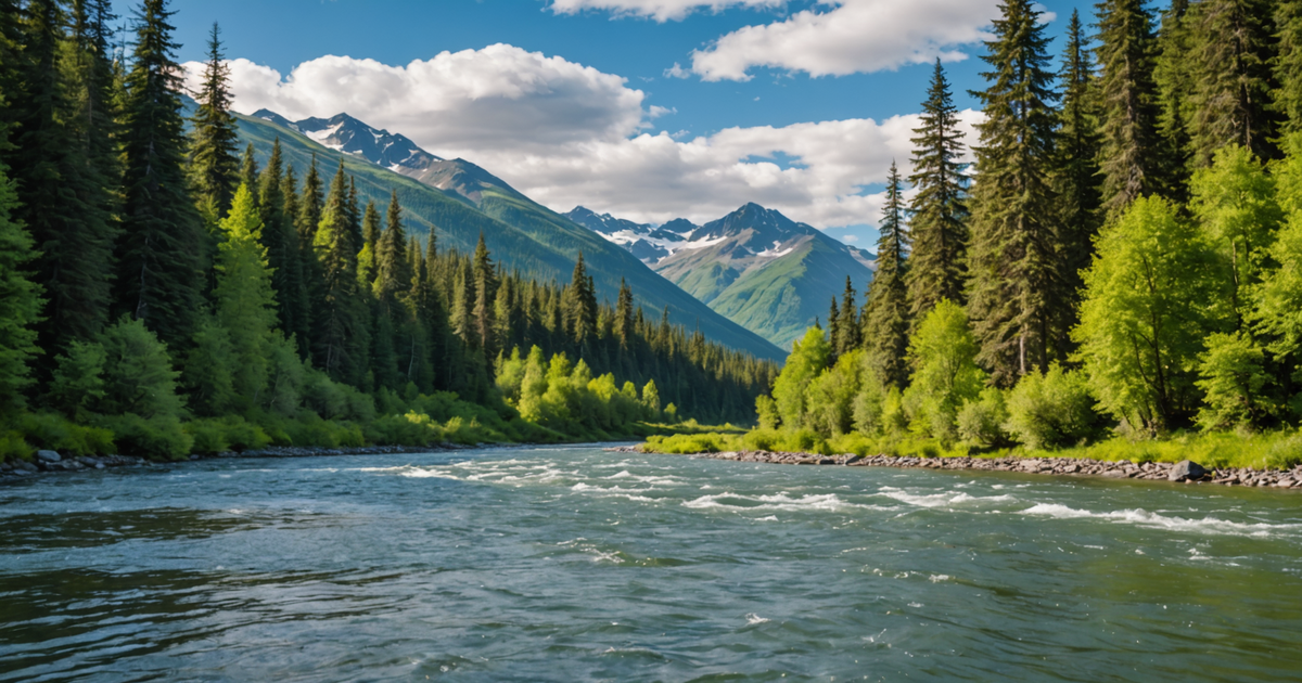 A scenic view of an Alaskan river during salmon season