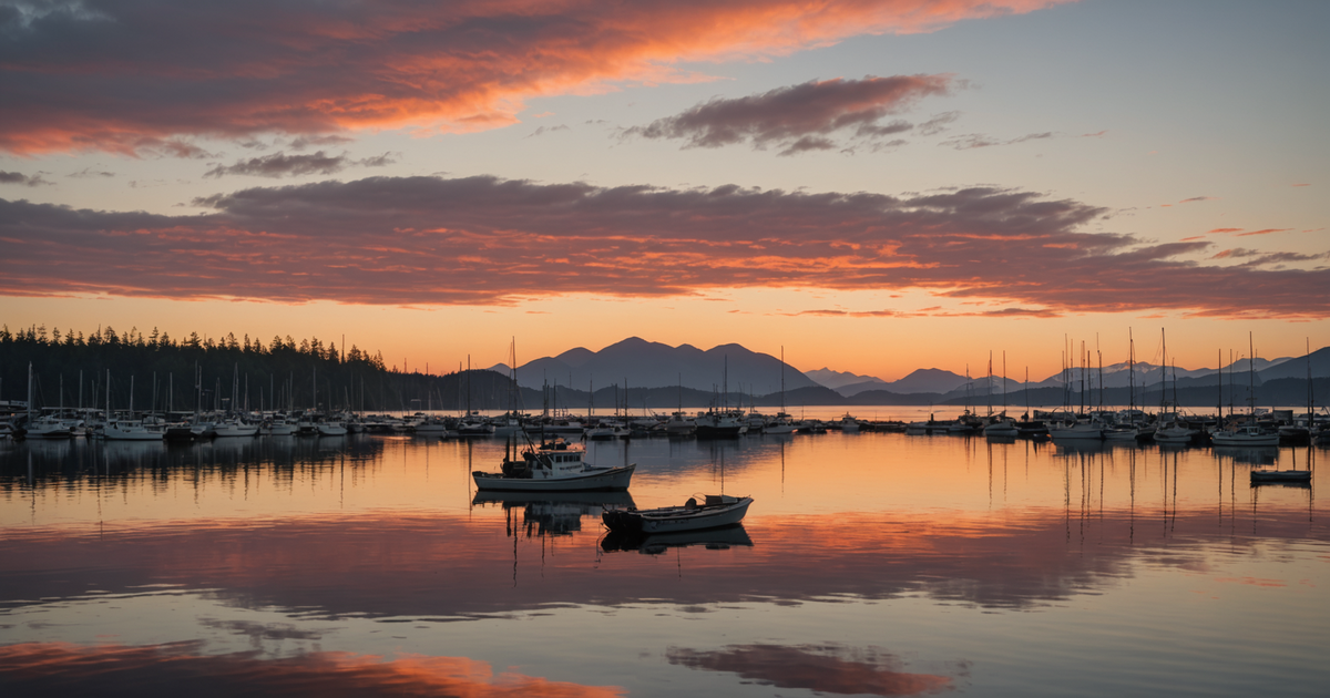A serene sunrise over Sitka's fishing waters, boats ready for a day of adventure.