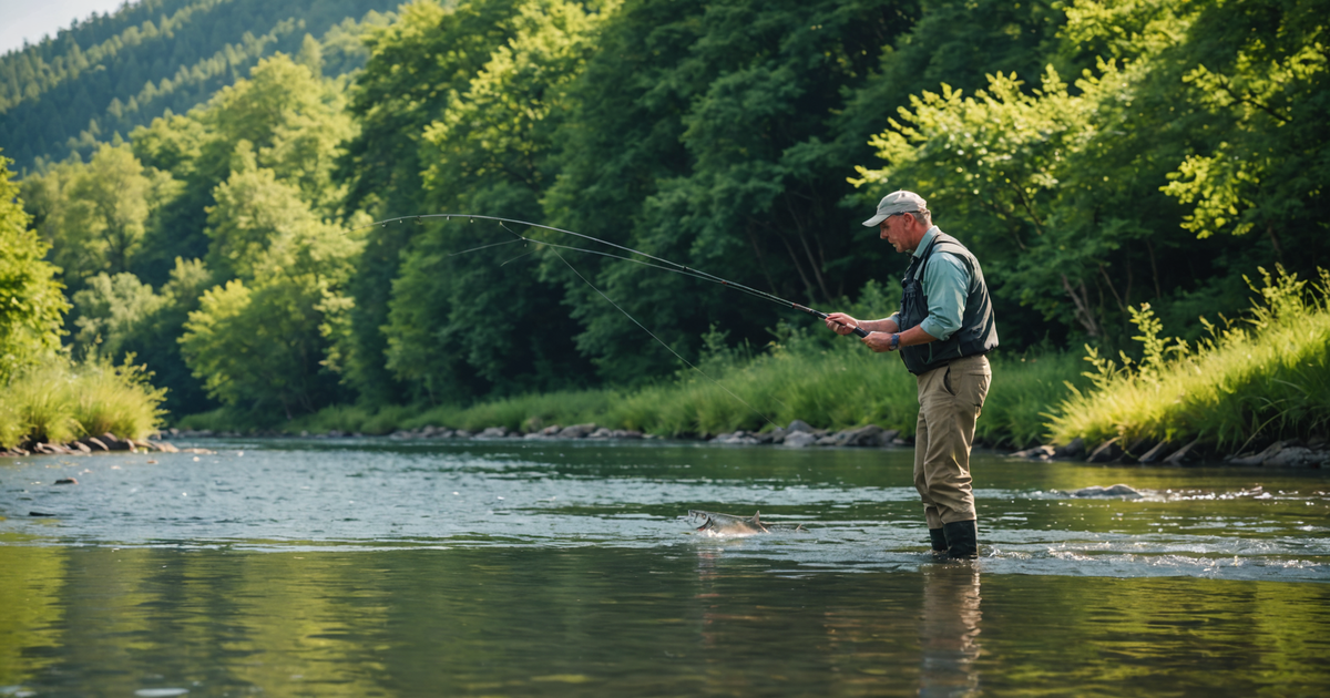 An angler releasing a salmon back into the waters, exemplifying sustainable fishing practices.