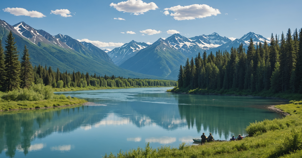 A scenic view of the Kenai River with anglers fishing