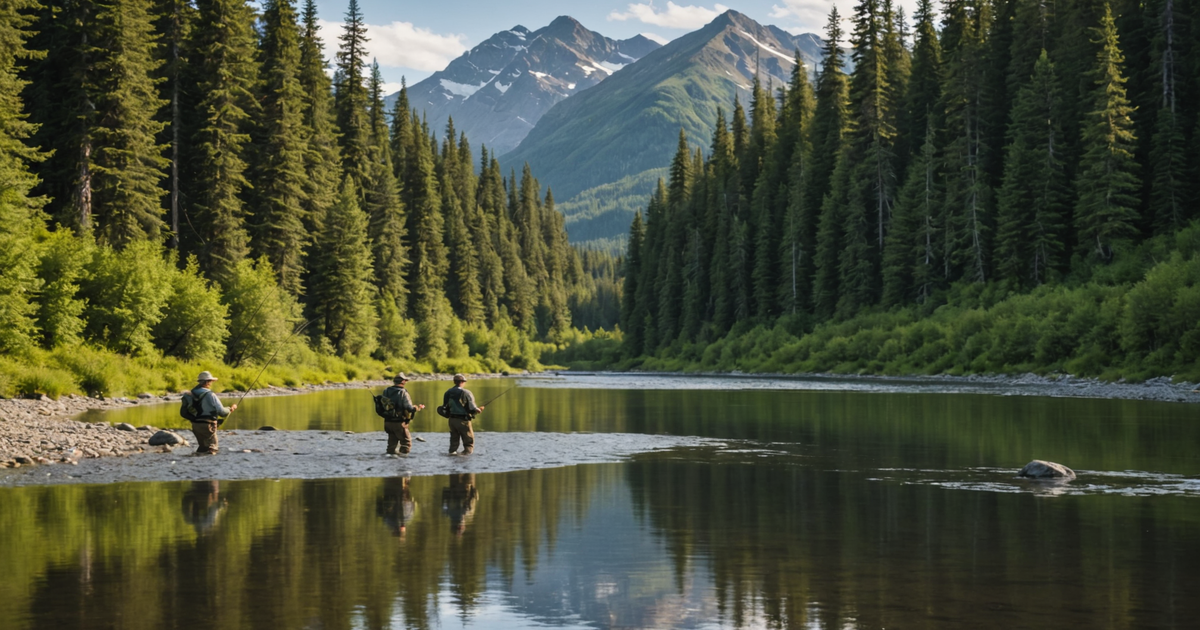 A serene Alaskan river with anglers practicing catch and release